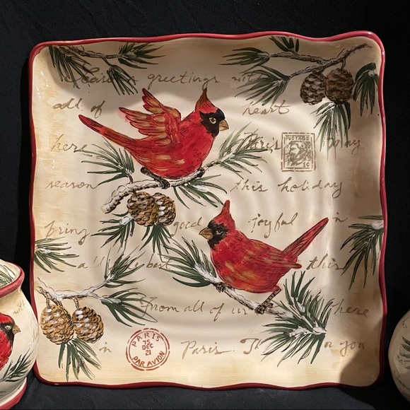 Maxcera “Warm Wishes” Plate/Creamer/Sugar Bowl Set - Seasons Greetings Cardinals - Picture 4 of 16